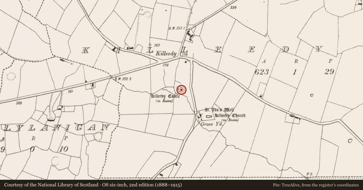 Ordnance Survey six-inch map, 2nd edition (1888–1915) covering the location of Bawn, Killeedy North, County Limerick, with a pin at the register's coordinates