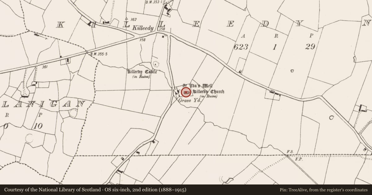 Ordnance Survey six-inch map, 2nd edition (1888–1915) covering the location of Graveyard, Killeedy North, County Limerick, with a pin at the register's coordinates