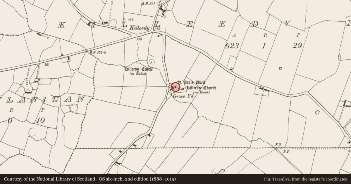 Ordnance Survey six-inch map, 2nd edition (1888–1915) covering the location of Ritual site - holy well, Killeedy North, County Limerick, with a pin at the register's coordinates