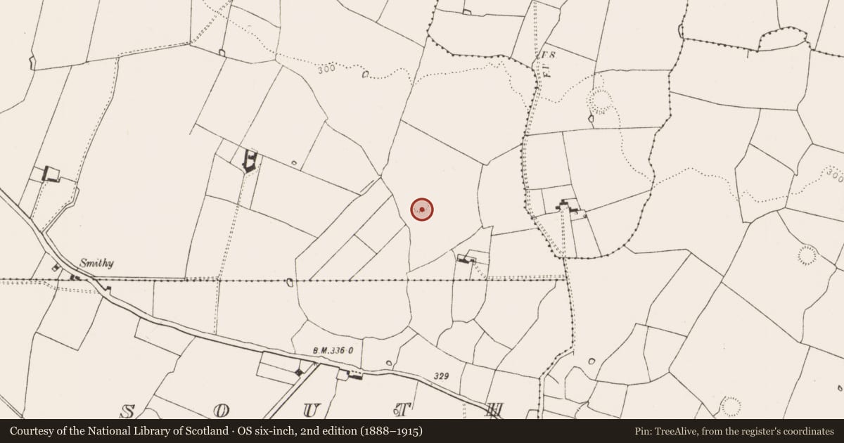 Ordnance Survey six-inch map, 2nd edition (1888–1915) covering the location of Moated site, Killeedy North, County Limerick, with a pin at the register's coordinates