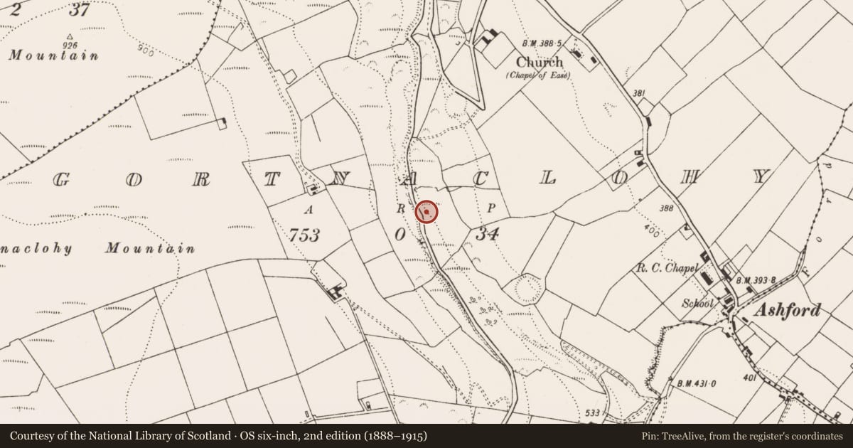 Ordnance Survey six-inch map, 2nd edition (1888–1915) covering the location of Mass-rock, Gortnaclohy, County Limerick, with a pin at the register's coordinates