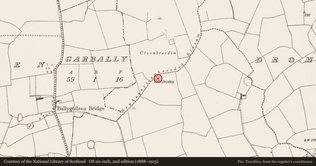 Ordnance Survey six-inch map, 2nd edition (1888–1915) covering the location of Ritual site - holy well, Cloonpasteen, County Limerick, with a pin at the register's coordinates