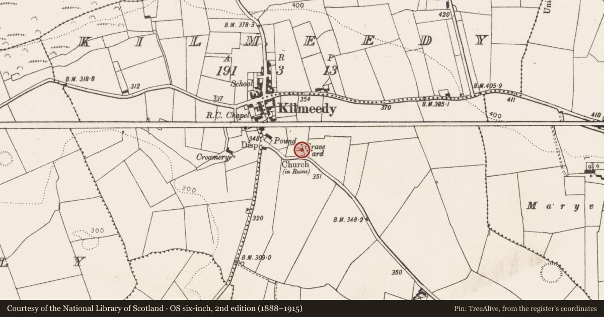 Ordnance Survey six-inch map, 2nd edition (1888–1915) covering the location of Graveyard, Pallas, County Limerick, with a pin at the register's coordinates