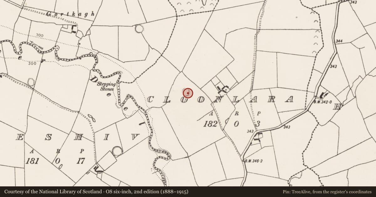 Ordnance Survey six-inch map, 2nd edition (1888–1915) covering the location of Ringfort - rath, Cloonlara, County Limerick, with a pin at the register's coordinates