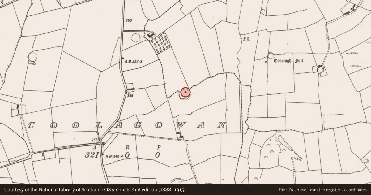 Ordnance Survey six-inch map, 2nd edition (1888–1915) covering the location of Ringfort - rath, Coolagowan, County Limerick, with a pin at the register's coordinates