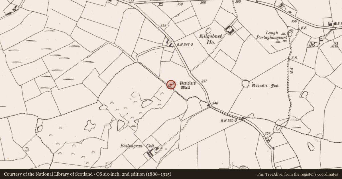 Ordnance Survey six-inch map, 2nd edition (1888–1915) covering the location of Ritual site - holy well, Castletown, County Limerick, with a pin at the register's coordinates