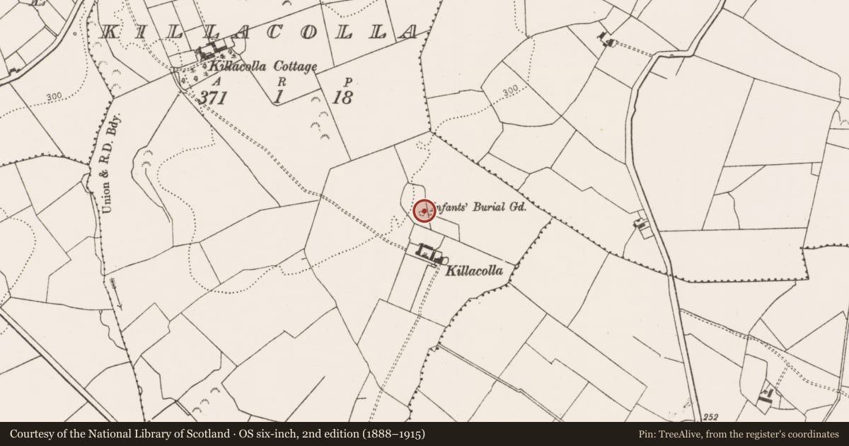Ordnance Survey six-inch map, 2nd edition (1888–1915) covering the location of Children's burial ground, Killacolla, County Limerick, with a pin at the register's coordinates