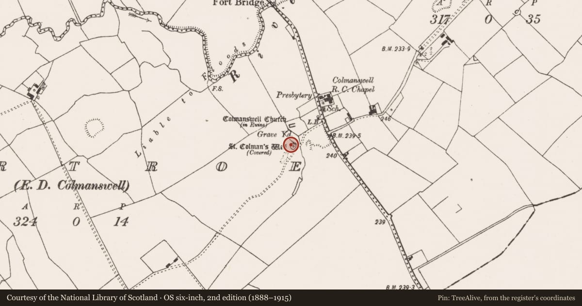 Ordnance Survey six-inch map, 2nd edition (1888–1915) covering the location of Ritual site - holy well, Gortroe, County Limerick, with a pin at the register's coordinates