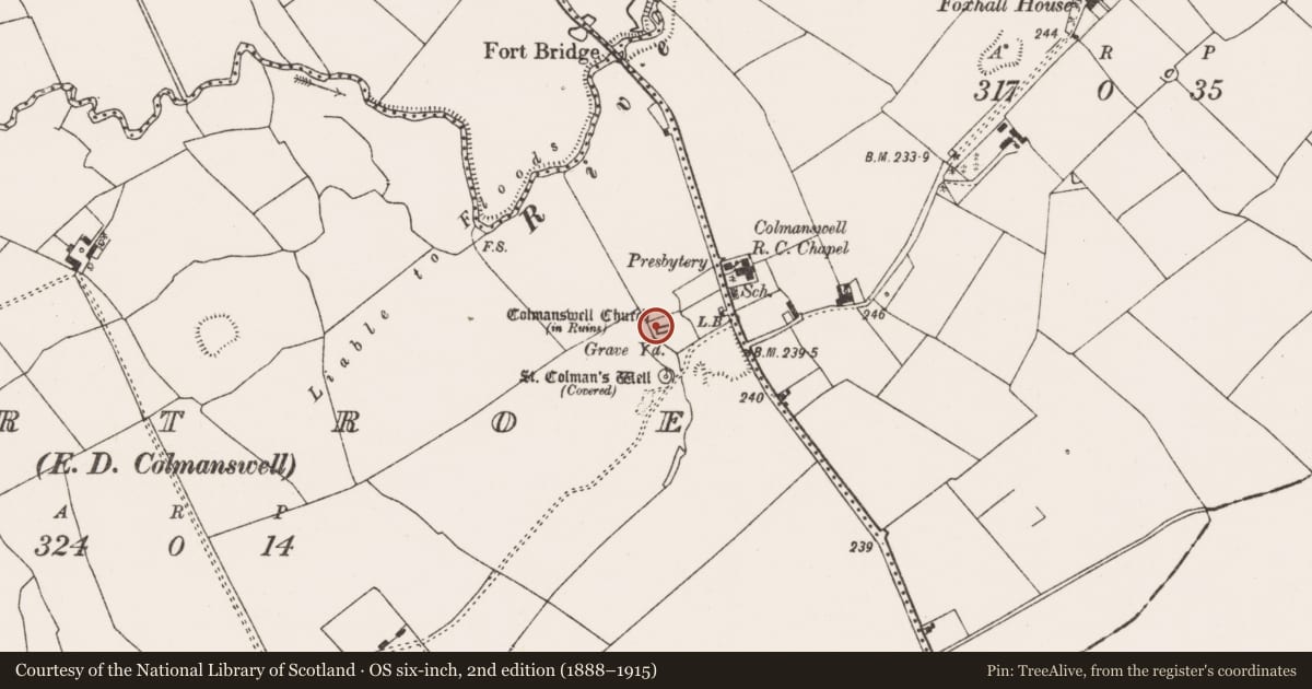 Ordnance Survey six-inch map, 2nd edition (1888–1915) covering the location of Church, Gortroe, County Limerick, with a pin at the register's coordinates