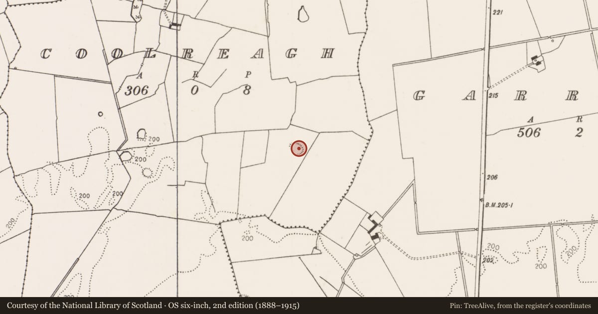 Ordnance Survey six-inch map, 2nd edition (1888–1915) covering the location of Enclosure, Coolreagh, County Limerick, with a pin at the register's coordinates