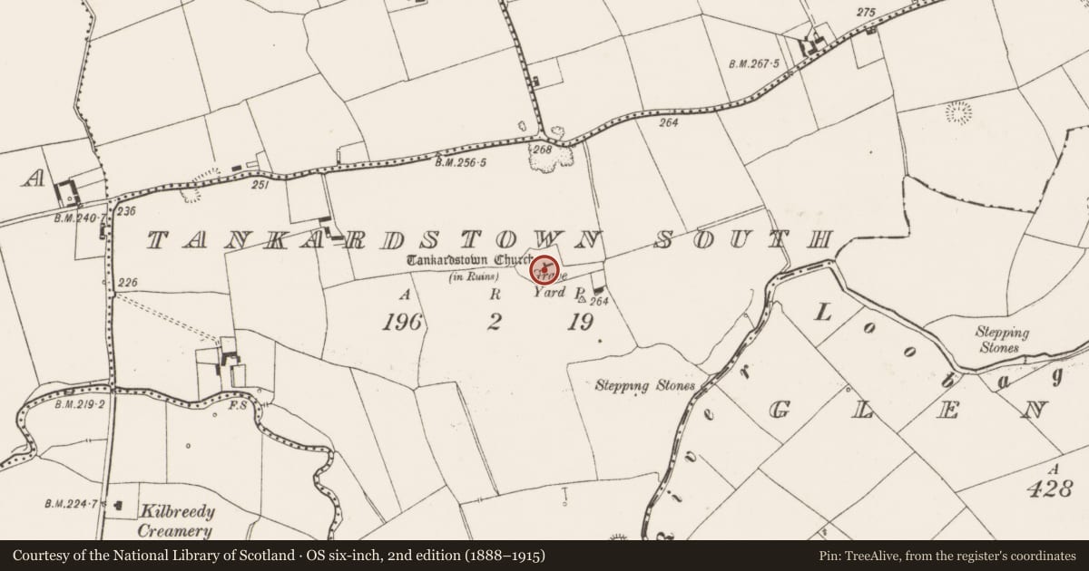 Ordnance Survey six-inch map, 2nd edition (1888–1915) covering the location of Graveyard, Tankardstown South, County Limerick, with a pin at the register's coordinates