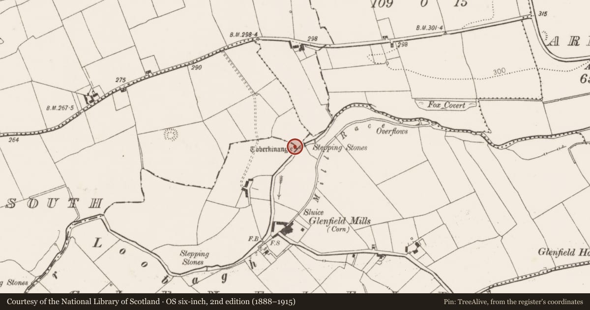 Ordnance Survey six-inch map, 2nd edition (1888–1915) covering the location of Ritual site - holy well, Glenfield, County Limerick, with a pin at the register's coordinates