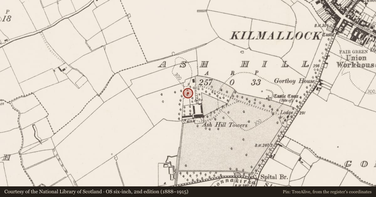 Ordnance Survey six-inch map, 2nd edition (1888–1915) covering the location of Mound, Ash Hill, County Limerick, with a pin at the register's coordinates