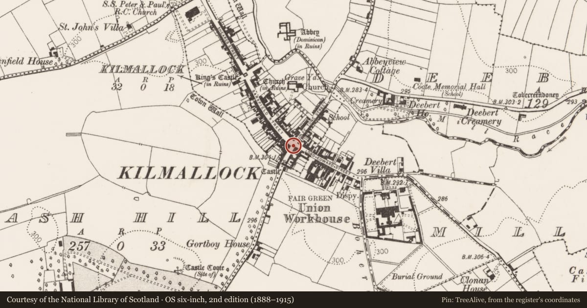Ordnance Survey six-inch map, 2nd edition (1888–1915) covering the location of Historic town, Kilmallock, County Limerick, with a pin at the register's coordinates