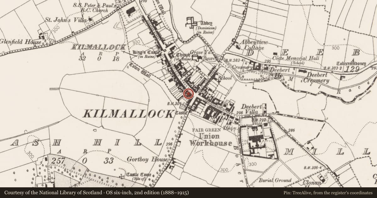 Ordnance Survey six-inch map, 2nd edition (1888–1915) covering the location of House - 16th/17th century, Kilmallock, County Limerick, with a pin at the register's coordinates