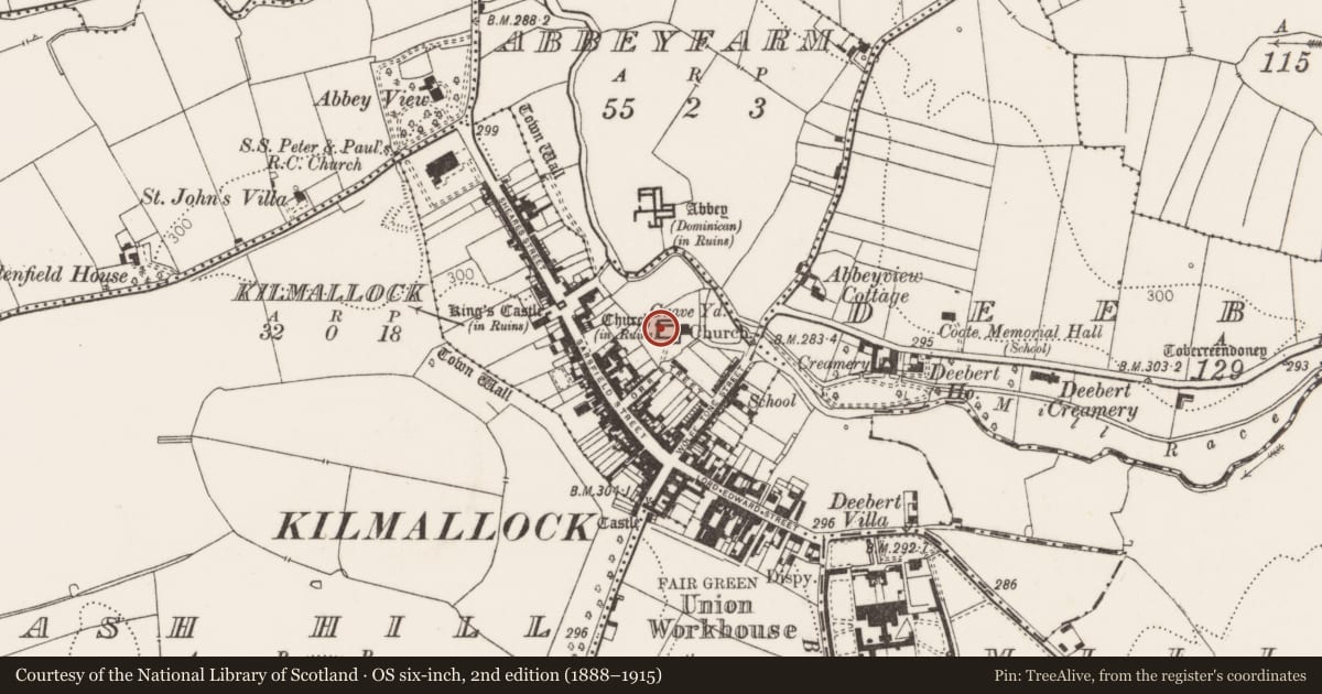 Ordnance Survey six-inch map, 2nd edition (1888–1915) covering the location of Round tower, Kilmallock, County Limerick, with a pin at the register's coordinates
