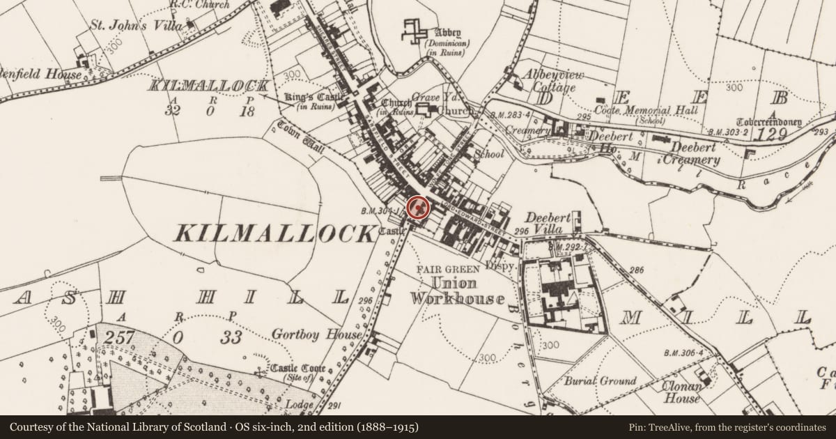 Ordnance Survey six-inch map, 2nd edition (1888–1915) covering the location of Excavation - miscellaneous, Kilmallock, County Limerick, with a pin at the register's coordinates