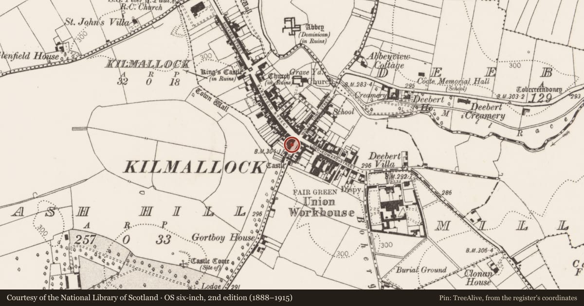 Ordnance Survey six-inch map, 2nd edition (1888–1915) covering the location of House - medieval, Kilmallock, County Limerick, with a pin at the register's coordinates