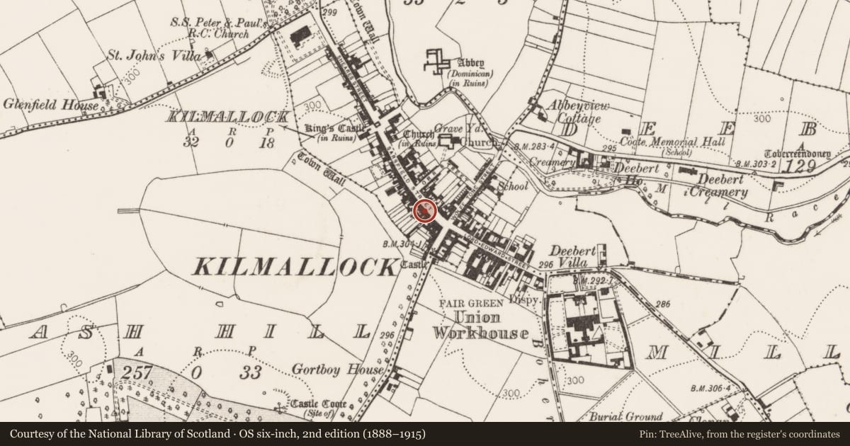 Ordnance Survey six-inch map, 2nd edition (1888–1915) covering the location of House - 16th/17th century, Kilmallock, County Limerick, with a pin at the register's coordinates