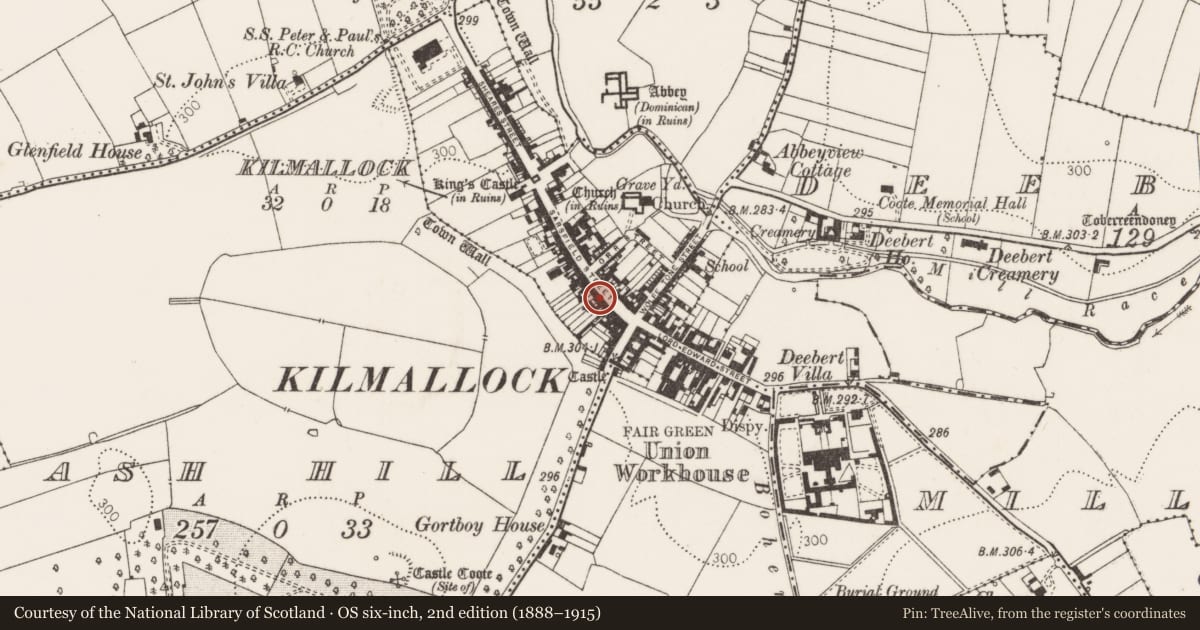 Ordnance Survey six-inch map, 2nd edition (1888–1915) covering the location of House - 16th/17th century, Killmallock Town, County Limerick, with a pin at the register's coordinates