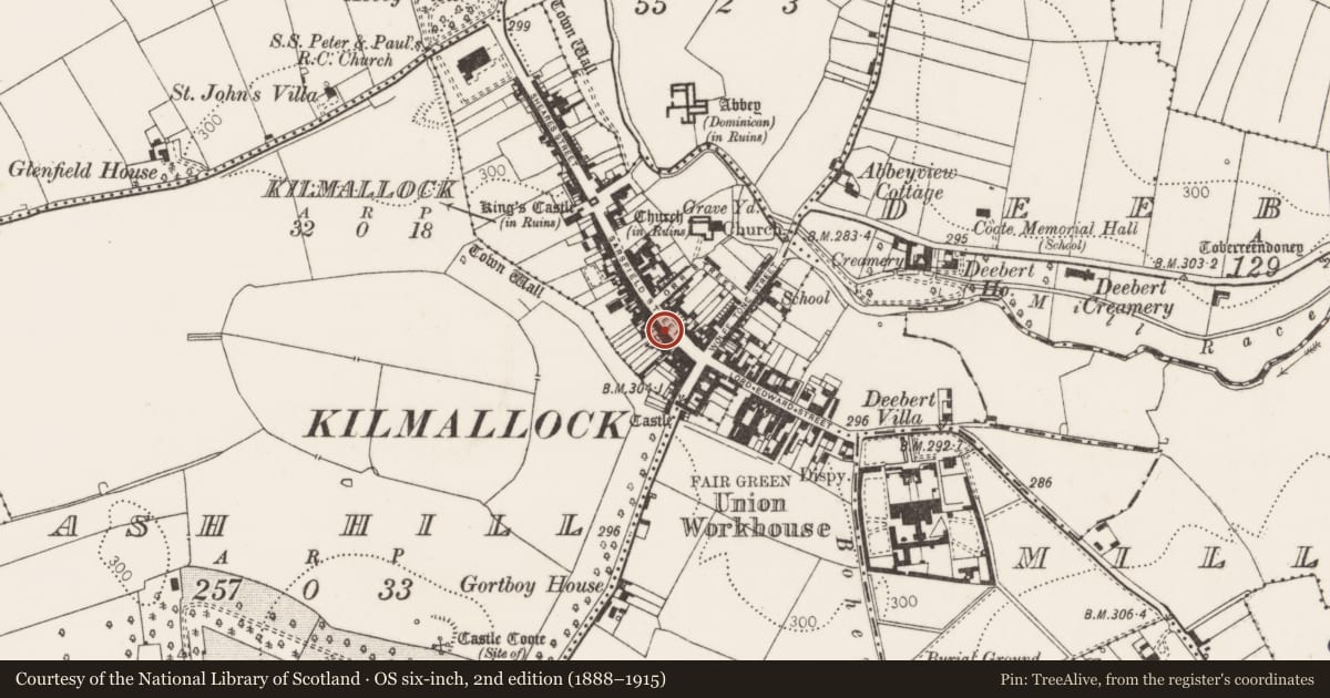 Ordnance Survey six-inch map, 2nd edition (1888–1915) covering the location of House - 16th/17th century, Kilmallock, County Limerick, with a pin at the register's coordinates