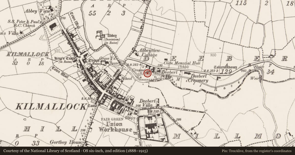Ordnance Survey six-inch map, 2nd edition (1888–1915) covering the location of Water mill - unclassified, Deebert, County Limerick, with a pin at the register's coordinates