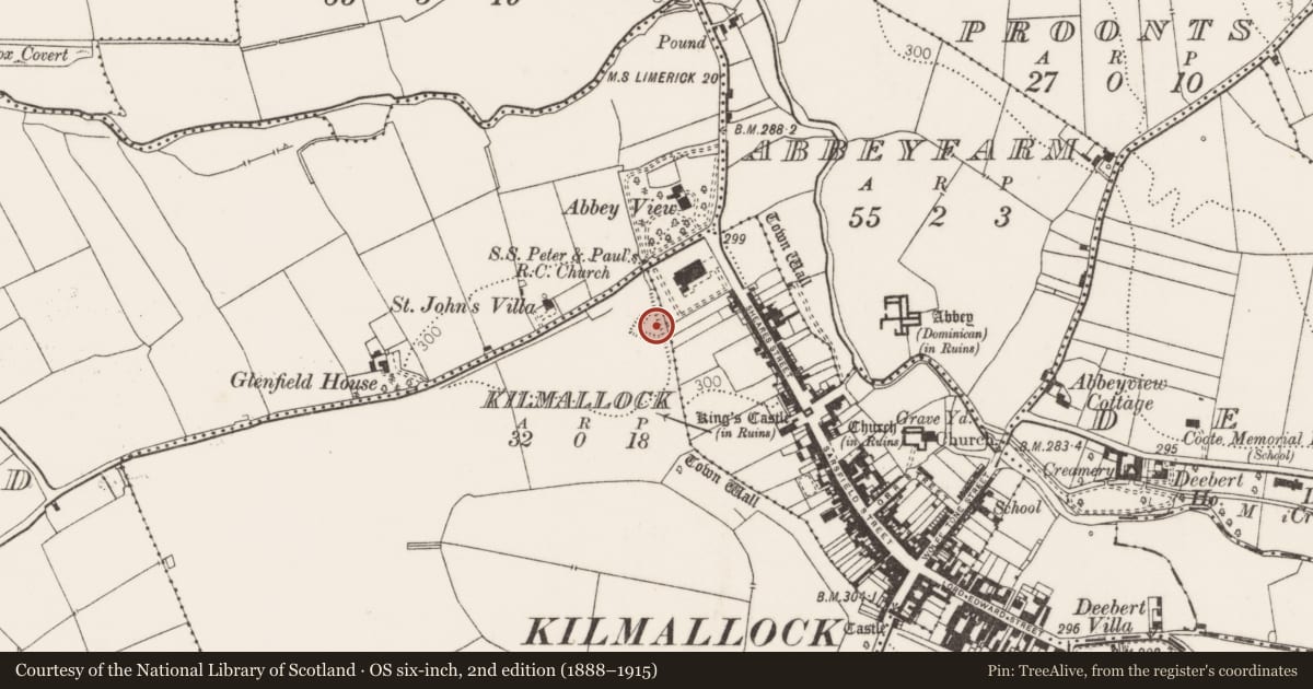 Ordnance Survey six-inch map, 2nd edition (1888–1915) covering the location of Outwork, Ash Hill, County Limerick, with a pin at the register's coordinates