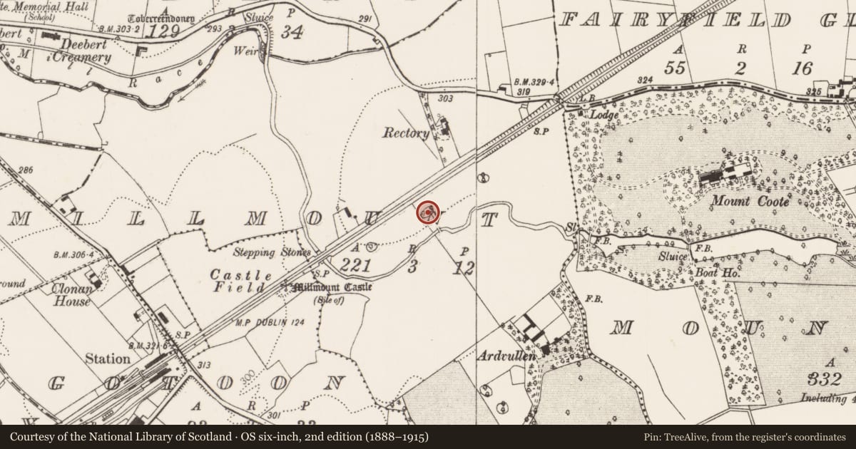 Ordnance Survey six-inch map, 2nd edition (1888–1915) covering the location of Designed landscape - tree-ring, Millmount, County Limerick, with a pin at the register's coordinates