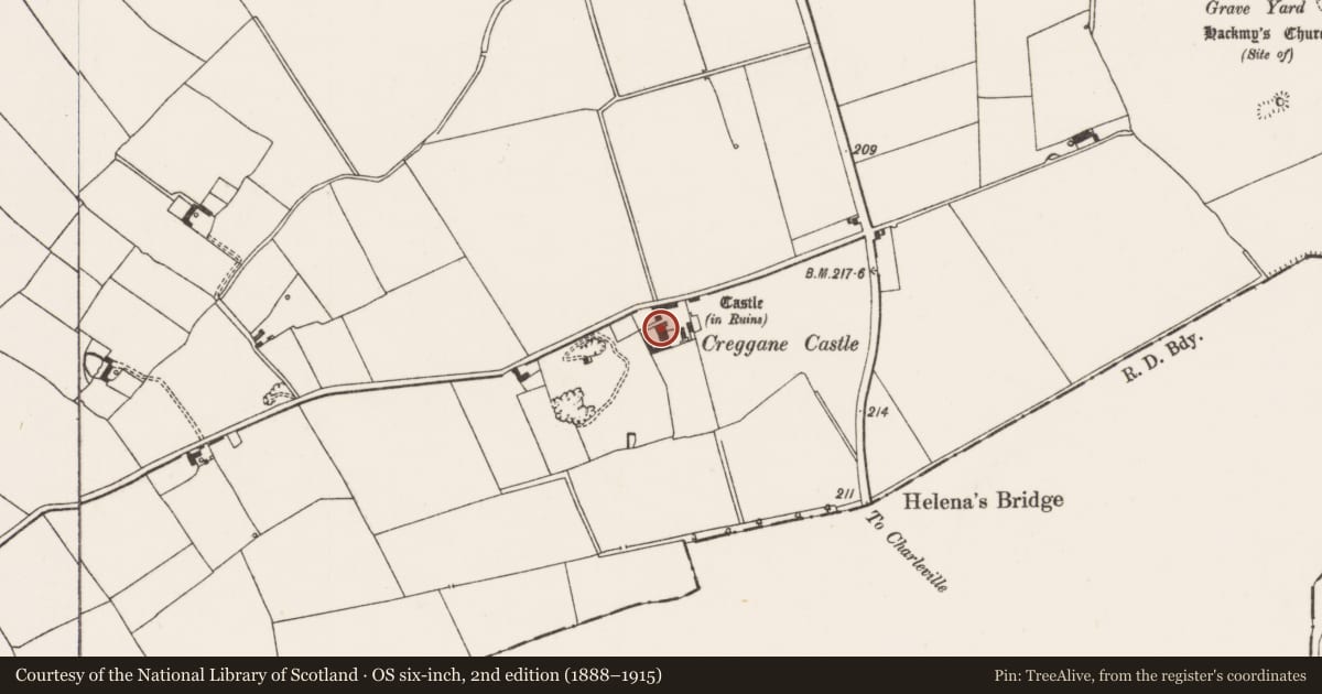 Ordnance Survey six-inch map, 2nd edition (1888–1915) covering the location of Bawn, Creggane, County Limerick, with a pin at the register's coordinates