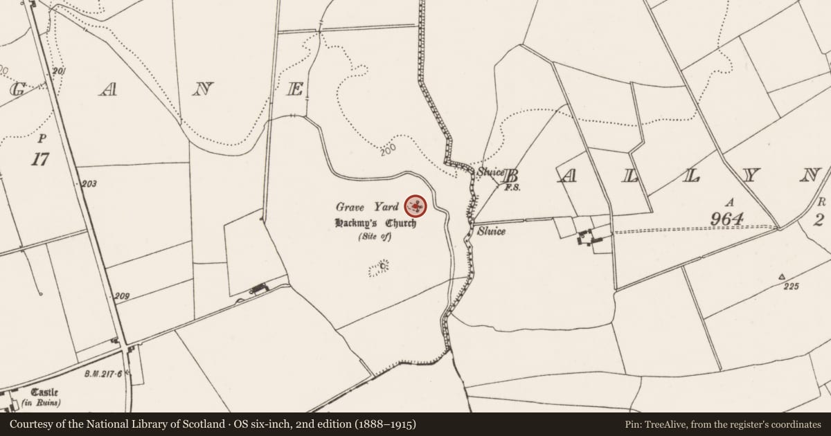 Ordnance Survey six-inch map, 2nd edition (1888–1915) covering the location of Church, Creggane, County Limerick, with a pin at the register's coordinates