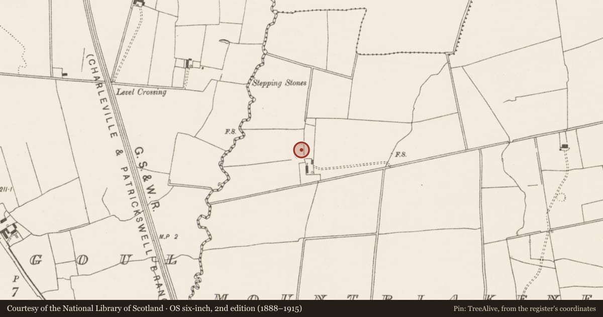 Ordnance Survey six-inch map, 2nd edition (1888–1915) covering the location of Earthwork, Mountblakeney, County Limerick, with a pin at the register's coordinates