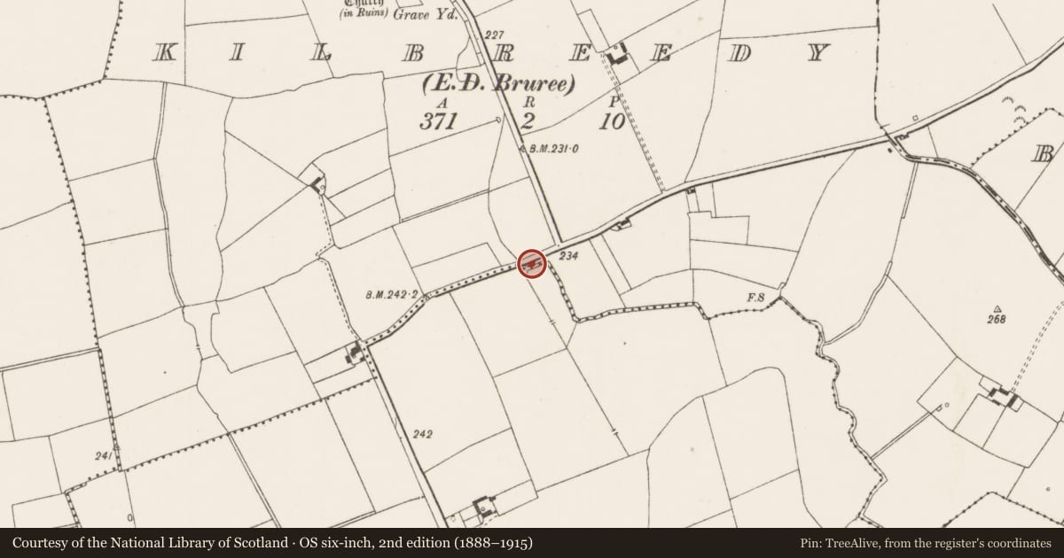 Ordnance Survey six-inch map, 2nd edition (1888–1915) covering the location of Ritual site - holy well, Kilbreedy, County Limerick, with a pin at the register's coordinates