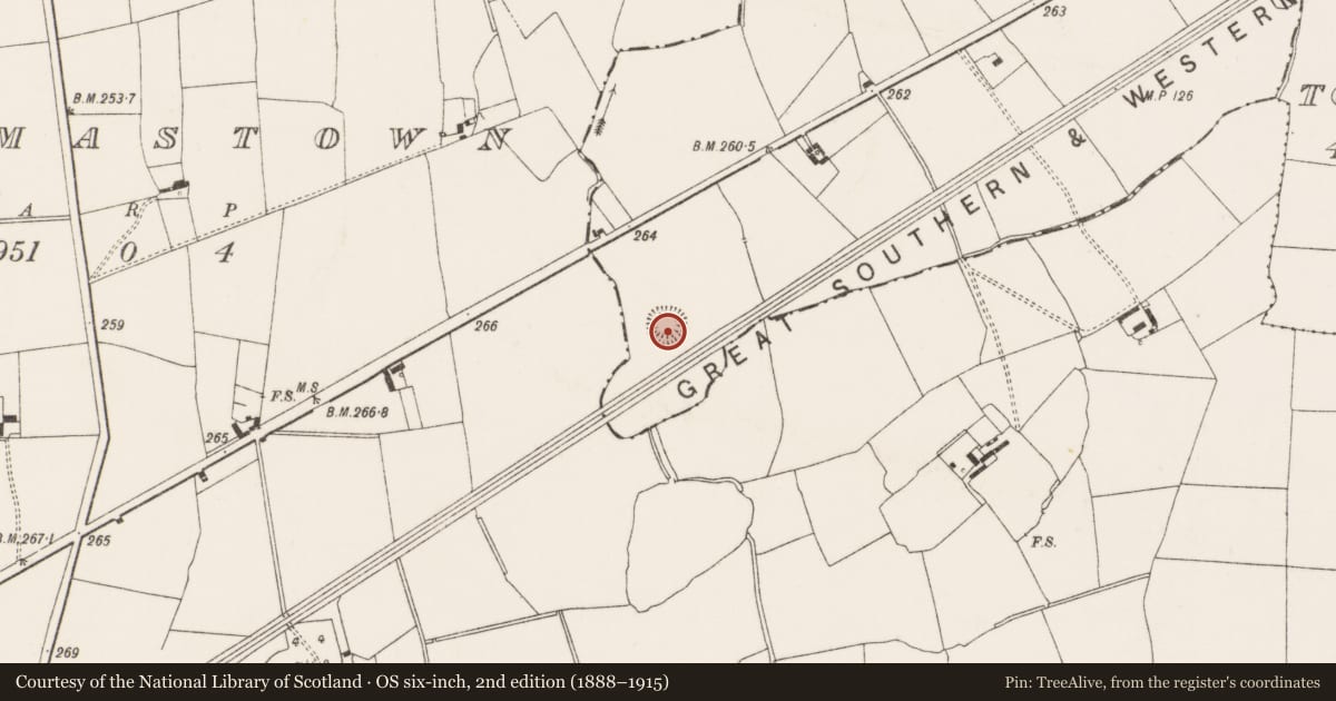 Ordnance Survey six-inch map, 2nd edition (1888–1915) covering the location of Enclosure, Breesheen South, County Limerick, with a pin at the register's coordinates