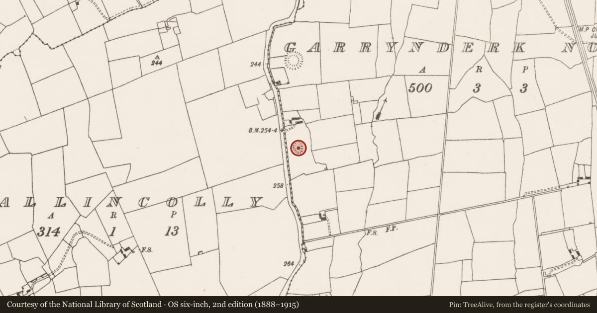 Ordnance Survey six-inch map, 2nd edition (1888–1915) covering the location of Enclosure, Garrynderk North, County Limerick, with a pin at the register's coordinates