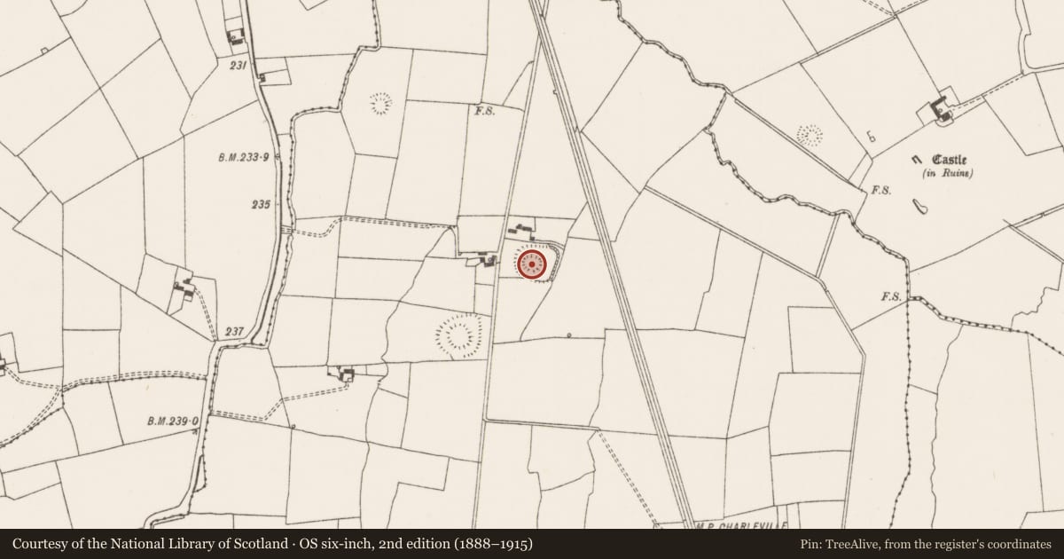 Ordnance Survey six-inch map, 2nd edition (1888–1915) covering the location of Moated site, Garrynderk North, County Limerick, with a pin at the register's coordinates