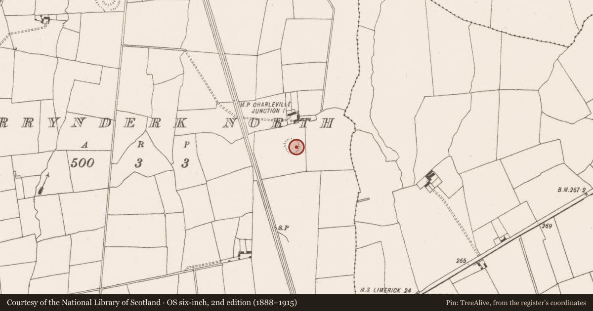 Ordnance Survey six-inch map, 2nd edition (1888–1915) covering the location of Earthwork, Garrynderk North, County Limerick, with a pin at the register's coordinates