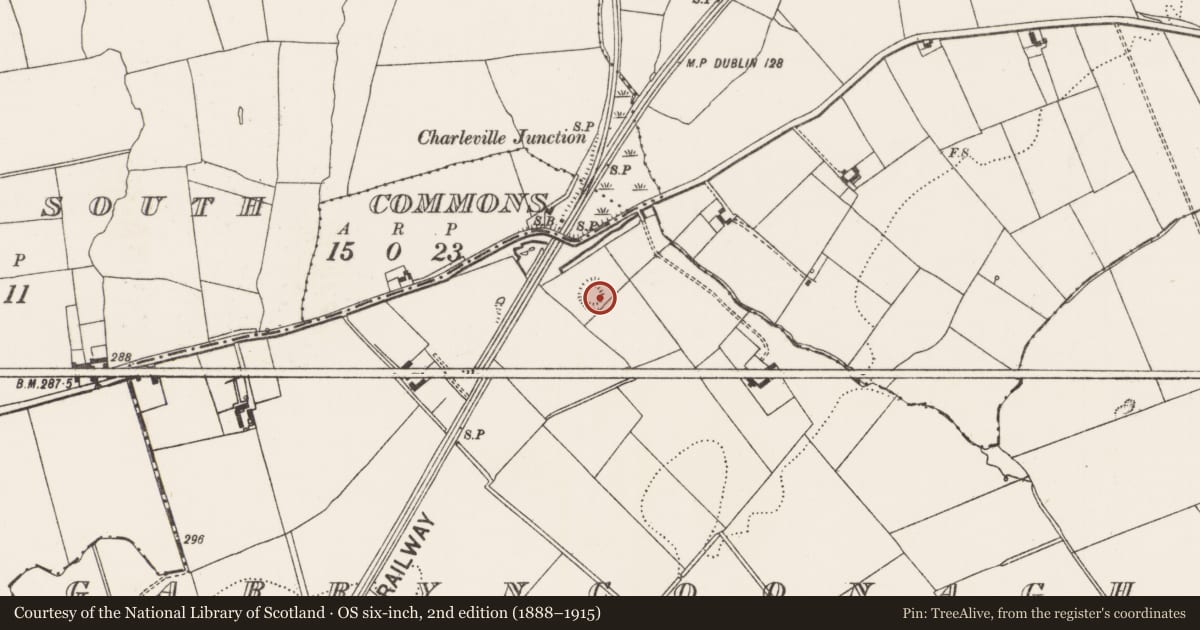 Ordnance Survey six-inch map, 2nd edition (1888–1915) covering the location of Earthwork, Garryncoonagh North, County Limerick, with a pin at the register's coordinates