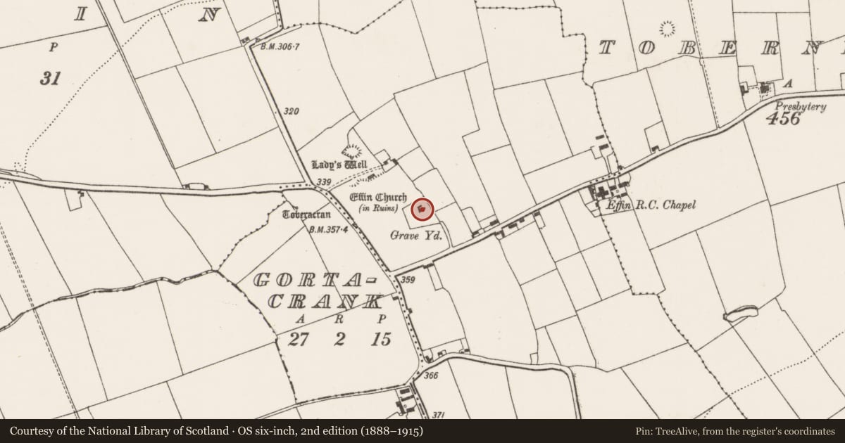 Ordnance Survey six-inch map, 2nd edition (1888–1915) covering the location of Settlement cluster, Effin, County Limerick, with a pin at the register's coordinates