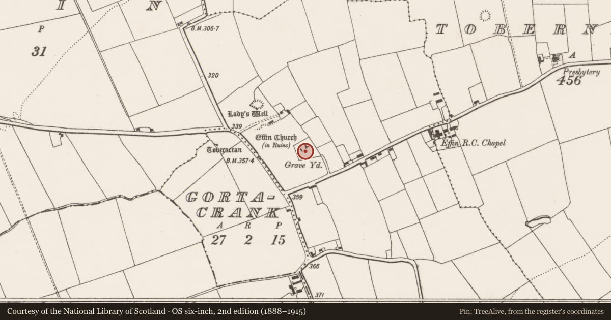 Ordnance Survey six-inch map, 2nd edition (1888–1915) covering the location of Graveyard, Effin, County Limerick, with a pin at the register's coordinates