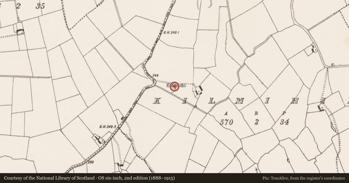 Ordnance Survey six-inch map, 2nd edition (1888–1915) covering the location of Ritual site - holy well, Kilmihil, County Limerick, with a pin at the register's coordinates