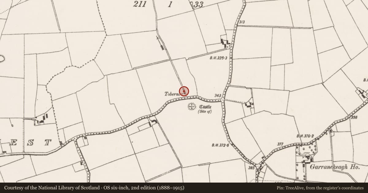 Ordnance Survey six-inch map, 2nd edition (1888–1915) covering the location of Ritual site - holy well, Tobernea Middle, County Limerick, with a pin at the register's coordinates