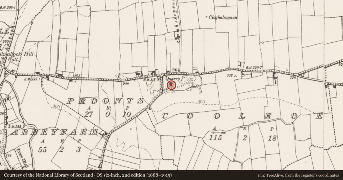 Ordnance Survey six-inch map, 2nd edition (1888–1915) covering the location of Kiln - lime, Coolroe, County Limerick, with a pin at the register's coordinates