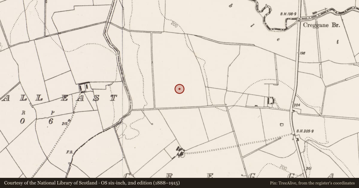 Ordnance Survey six-inch map, 2nd edition (1888–1915) covering the location of Earthwork, Creggane, County Limerick, with a pin at the register's coordinates