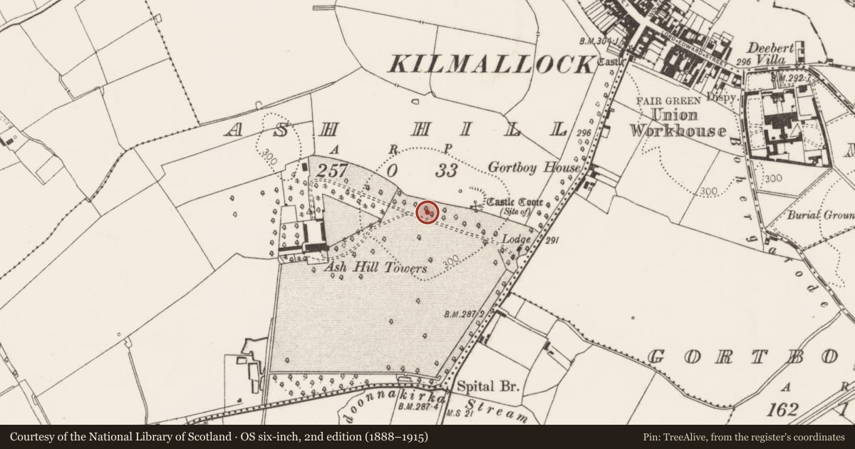 Ordnance Survey six-inch map, 2nd edition (1888–1915) covering the location of Barrow - unclassified, Ash Hill, County Limerick, with a pin at the register's coordinates