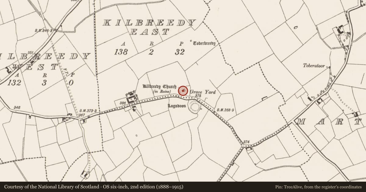 Ordnance Survey six-inch map, 2nd edition (1888–1915) covering the location of Church, Kilbreedy East, County Limerick, with a pin at the register's coordinates