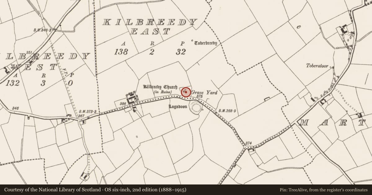 Ordnance Survey six-inch map, 2nd edition (1888–1915) covering the location of Graveyard, Kilbreedy East, County Limerick, with a pin at the register's coordinates