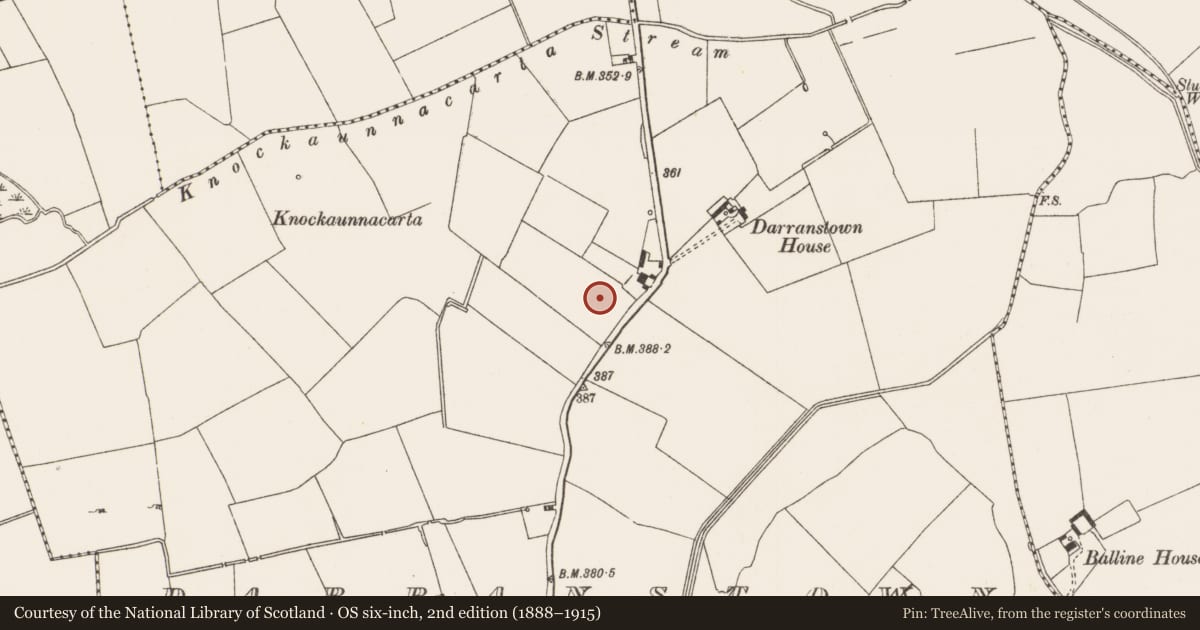 Ordnance Survey six-inch map, 2nd edition (1888–1915) covering the location of Mound, Darranstown, County Limerick, with a pin at the register's coordinates