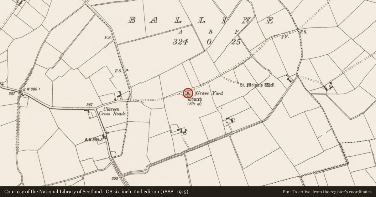 Ordnance Survey six-inch map, 2nd edition (1888–1915) covering the location of Graveyard, Balline, County Limerick, with a pin at the register's coordinates