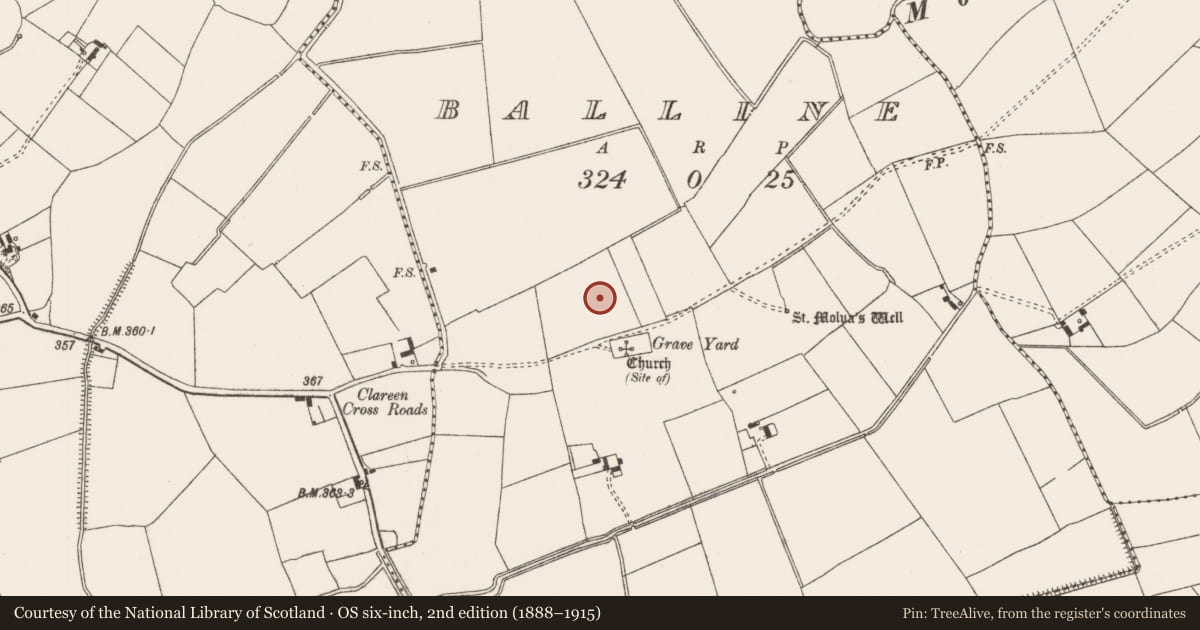 Ordnance Survey six-inch map, 2nd edition (1888–1915) covering the location of Earthwork, Balline, County Limerick, with a pin at the register's coordinates