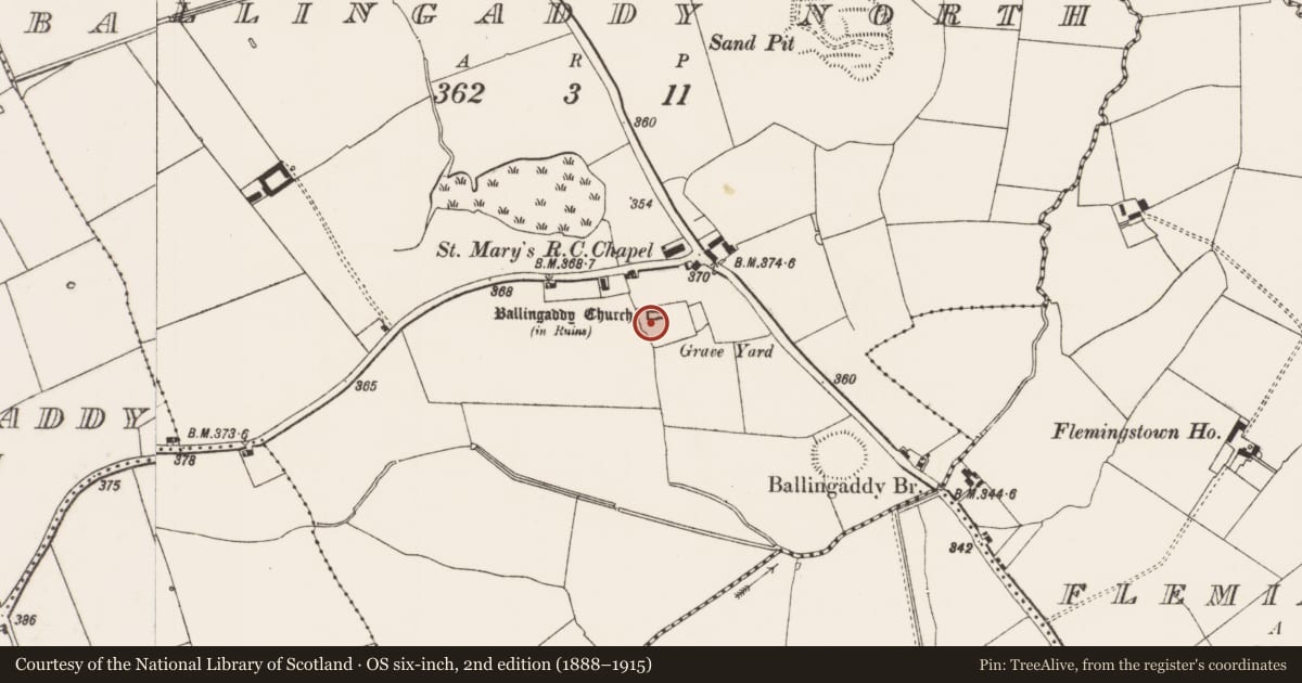 Ordnance Survey six-inch map, 2nd edition (1888–1915) covering the location of Church, Ballingaddy North, County Limerick, with a pin at the register's coordinates
